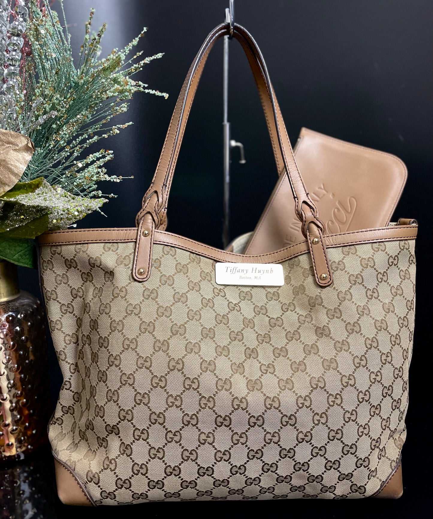 Authentic Gucci GG Monogram Canvas Tote Shoulder w/ Pouch