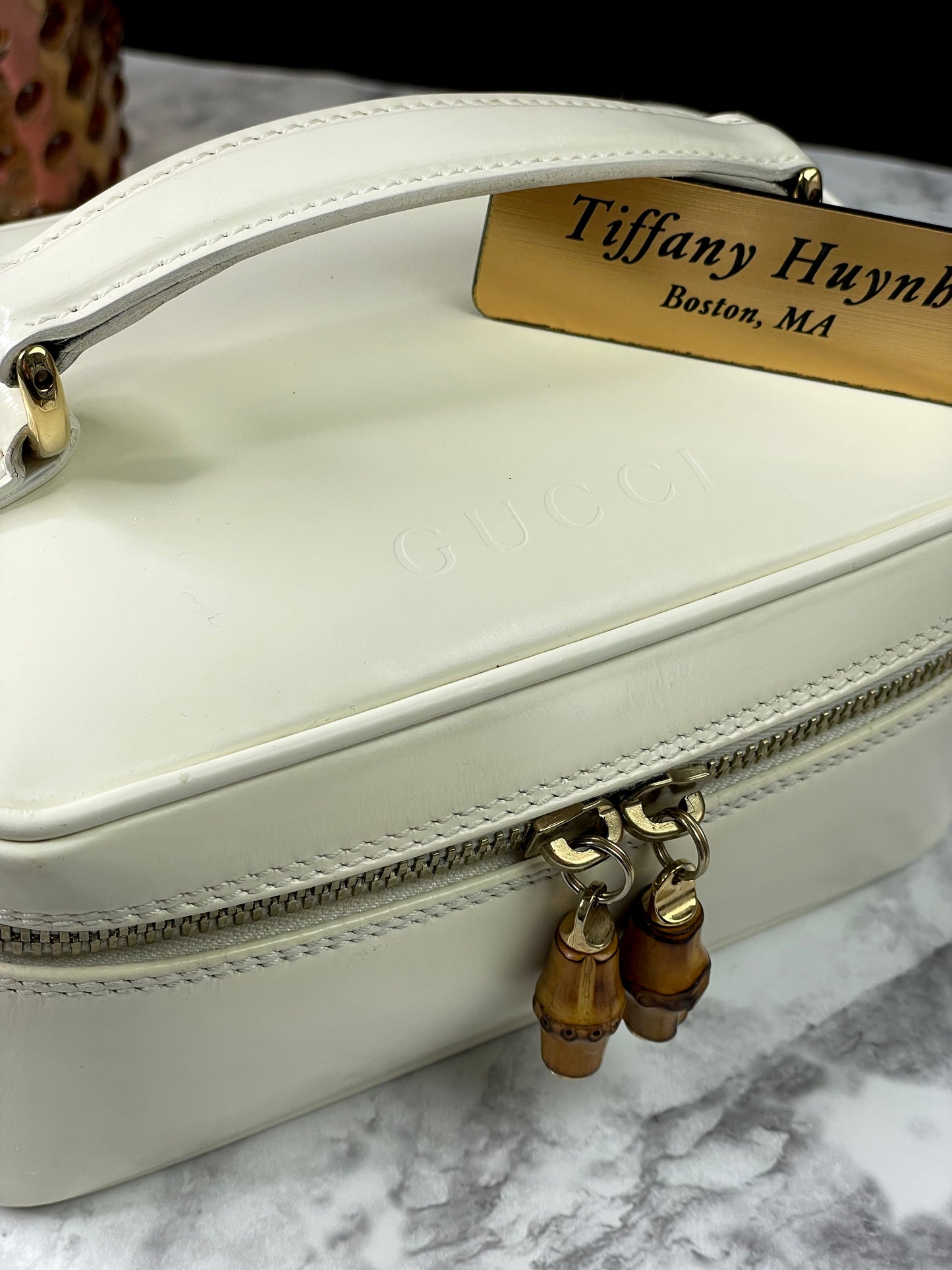 Authentic Vintage Gucci Bamboo Vanity bag in patent white leather