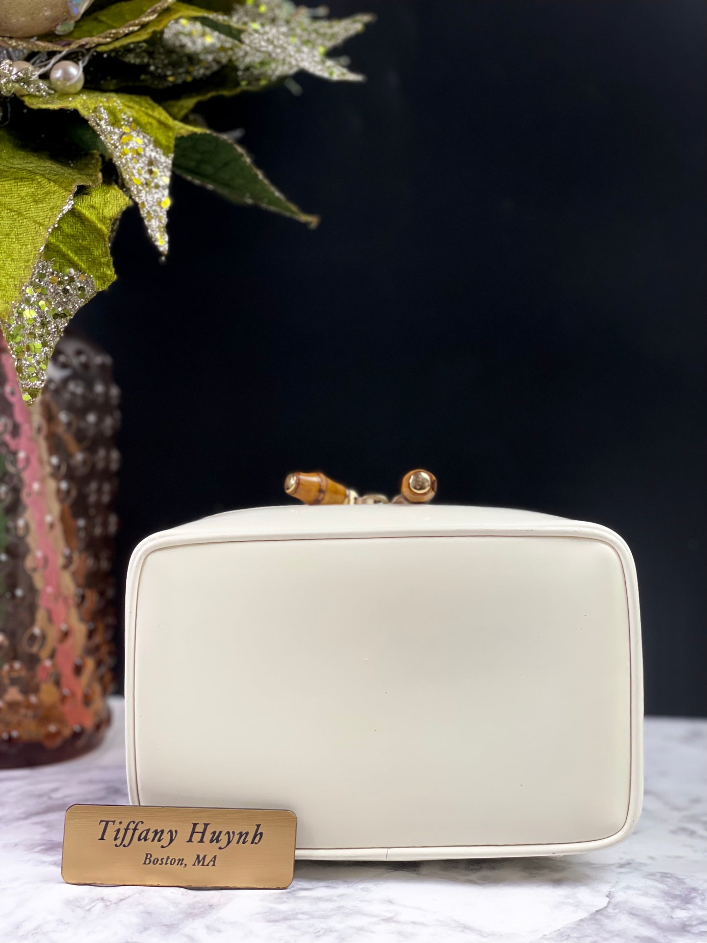 Authentic Vintage Gucci Bamboo Vanity bag in patent white leather
