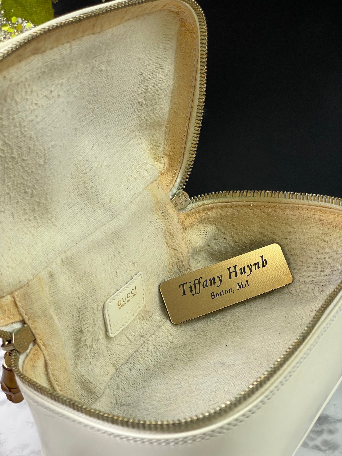 Authentic Vintage Gucci Bamboo Vanity bag in patent white leather