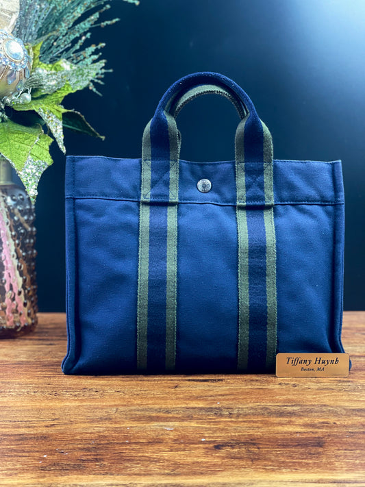 Authentic HERMÈS Paris Vintage Blue Cotton Fourre Tout PM Herline Tote Bag