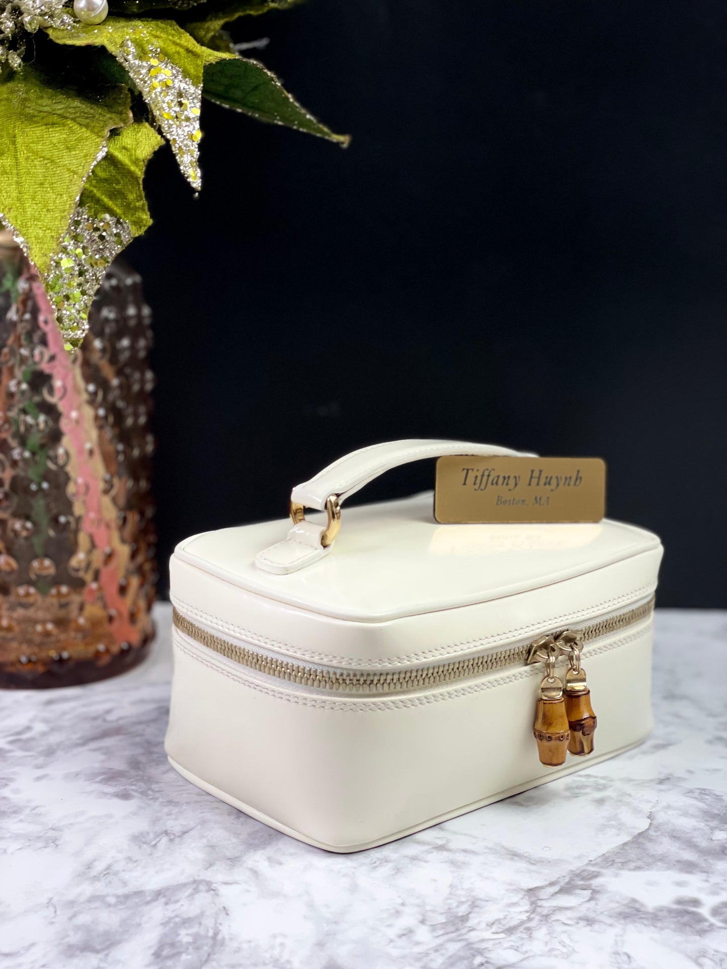 Authentic Vintage Gucci Bamboo Vanity bag in patent white leather
