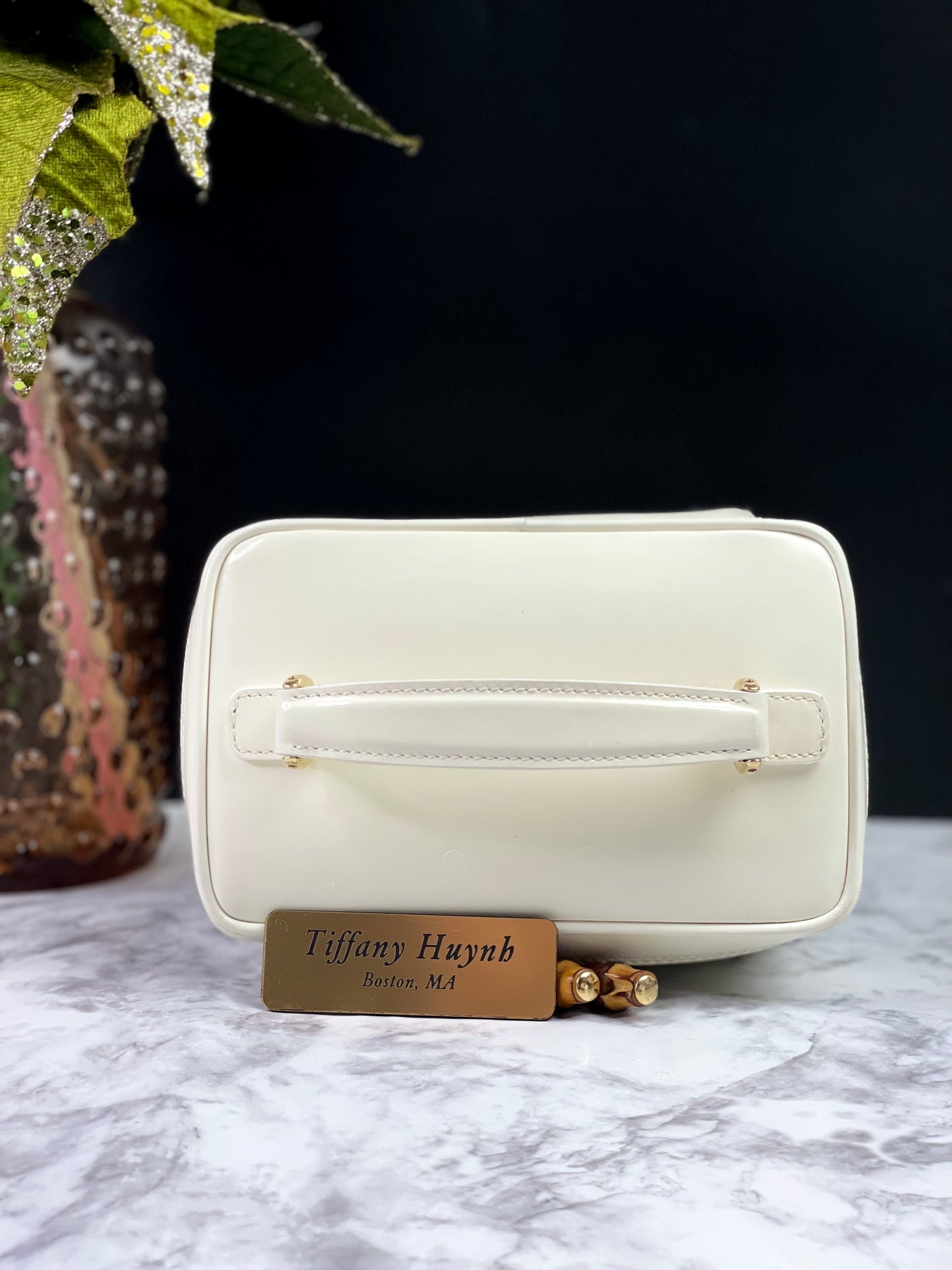 Authentic Vintage Gucci Bamboo Vanity bag in patent white leather